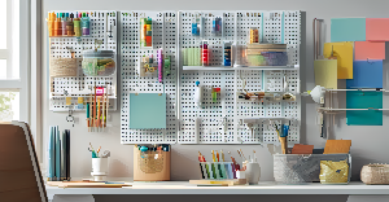 A close-up of a vertical pegboard storage system filled with colorful hooks and baskets for organizing supplies in a compact home office.