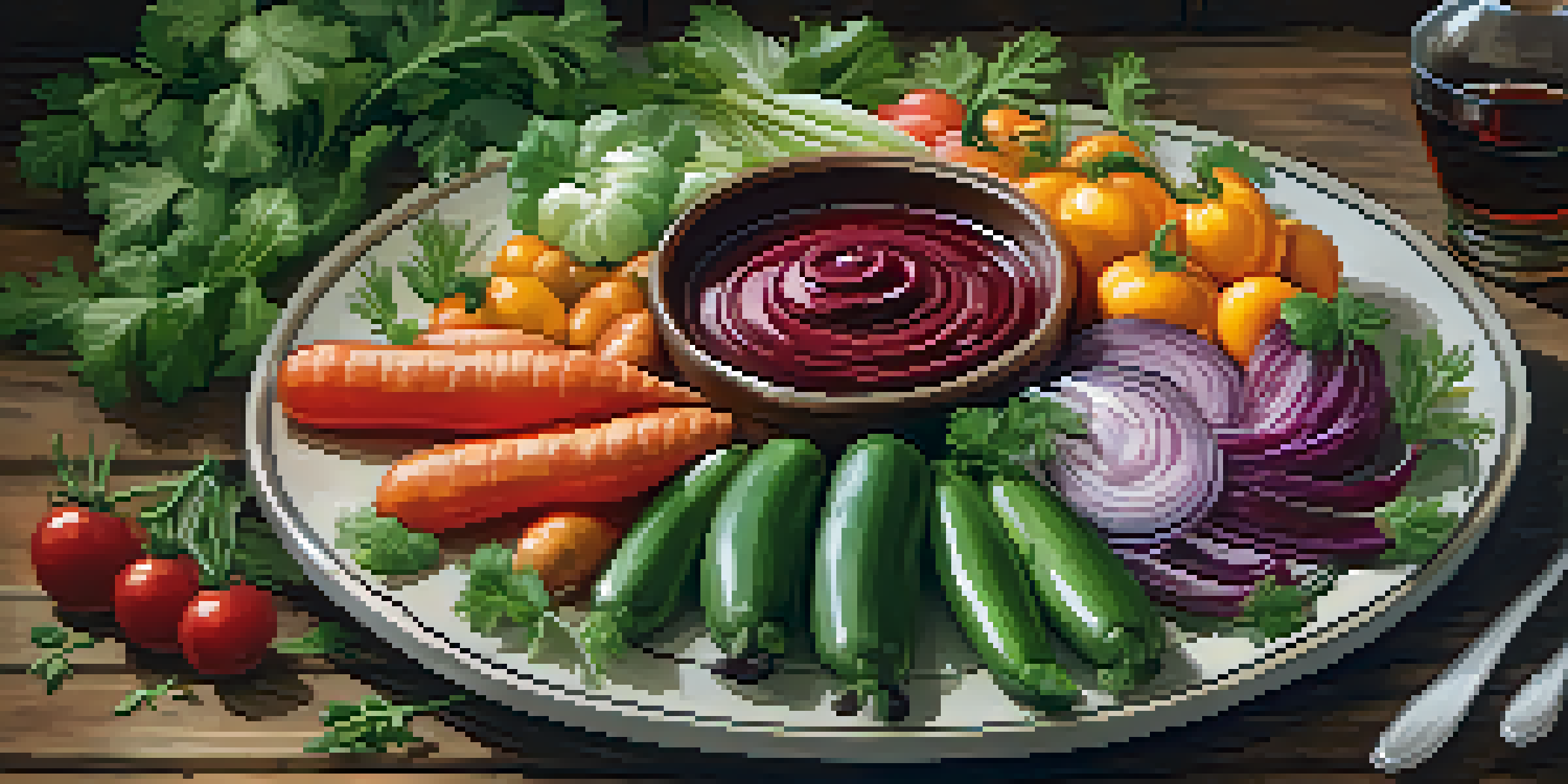 A gourmet dish with vibrant vegetables, elegantly plated on a wooden table, under warm ambient lighting.