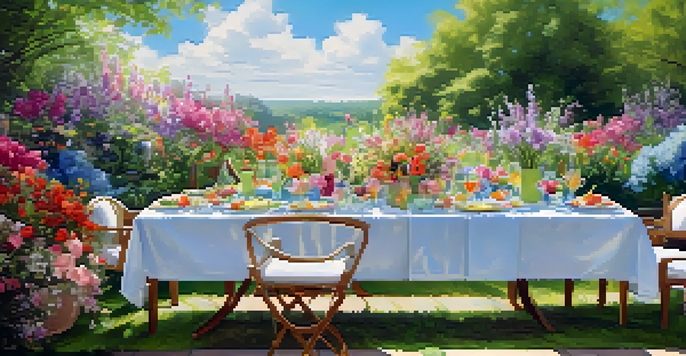 A spring garden party with a long table adorned with pastel tableware and surrounded by colorful flowers, under a sunny sky.