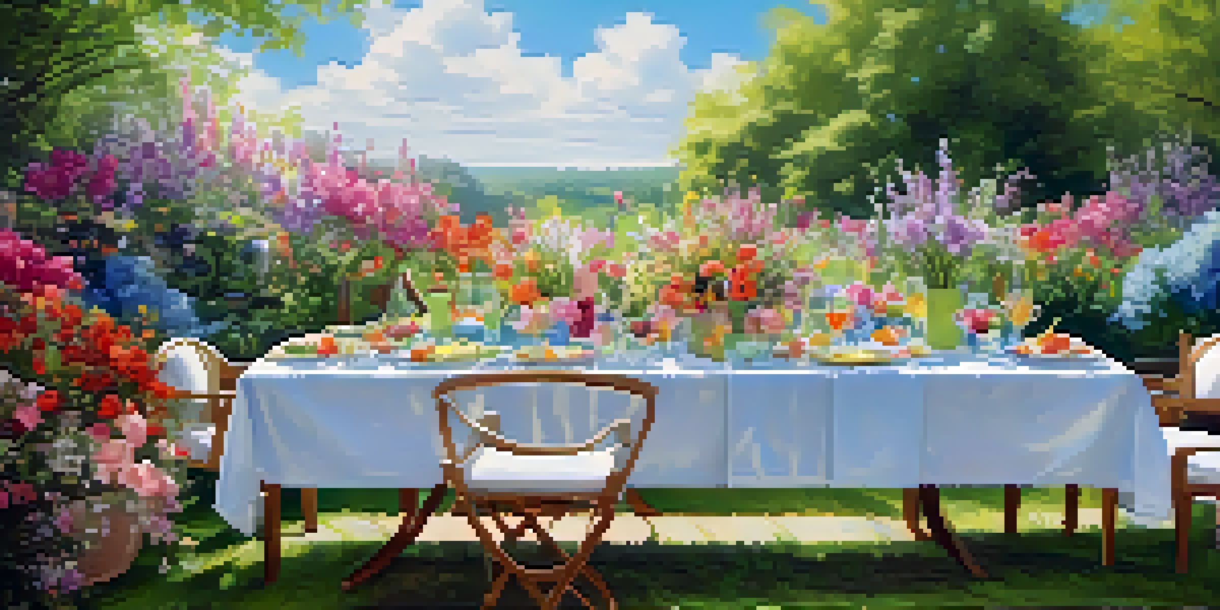 A spring garden party with a long table adorned with pastel tableware and surrounded by colorful flowers, under a sunny sky.