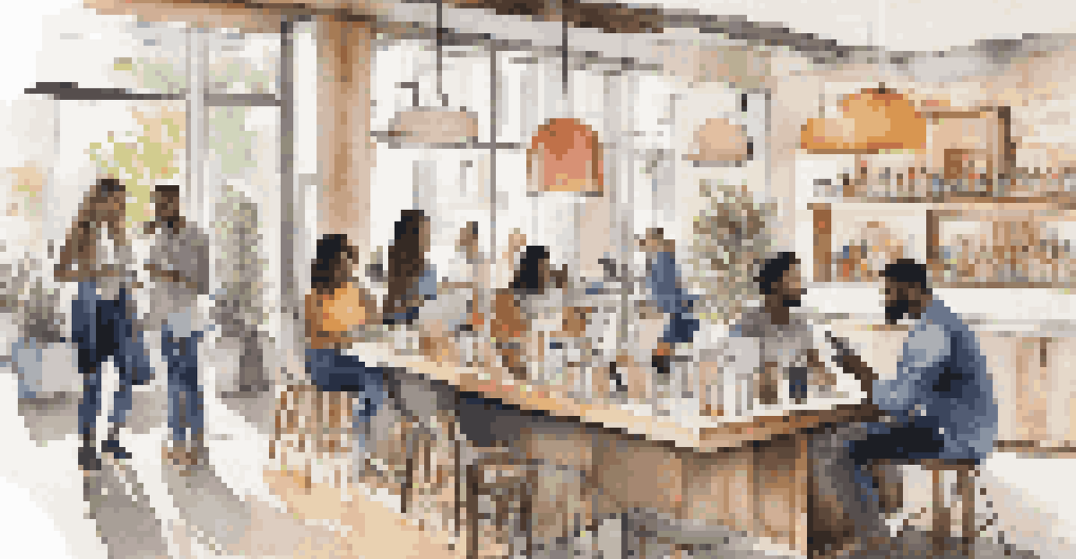 A diverse group of consumers in a stylish café engaging with a luxury brand's digital platform on their devices, showcasing social justice and sustainability themes.