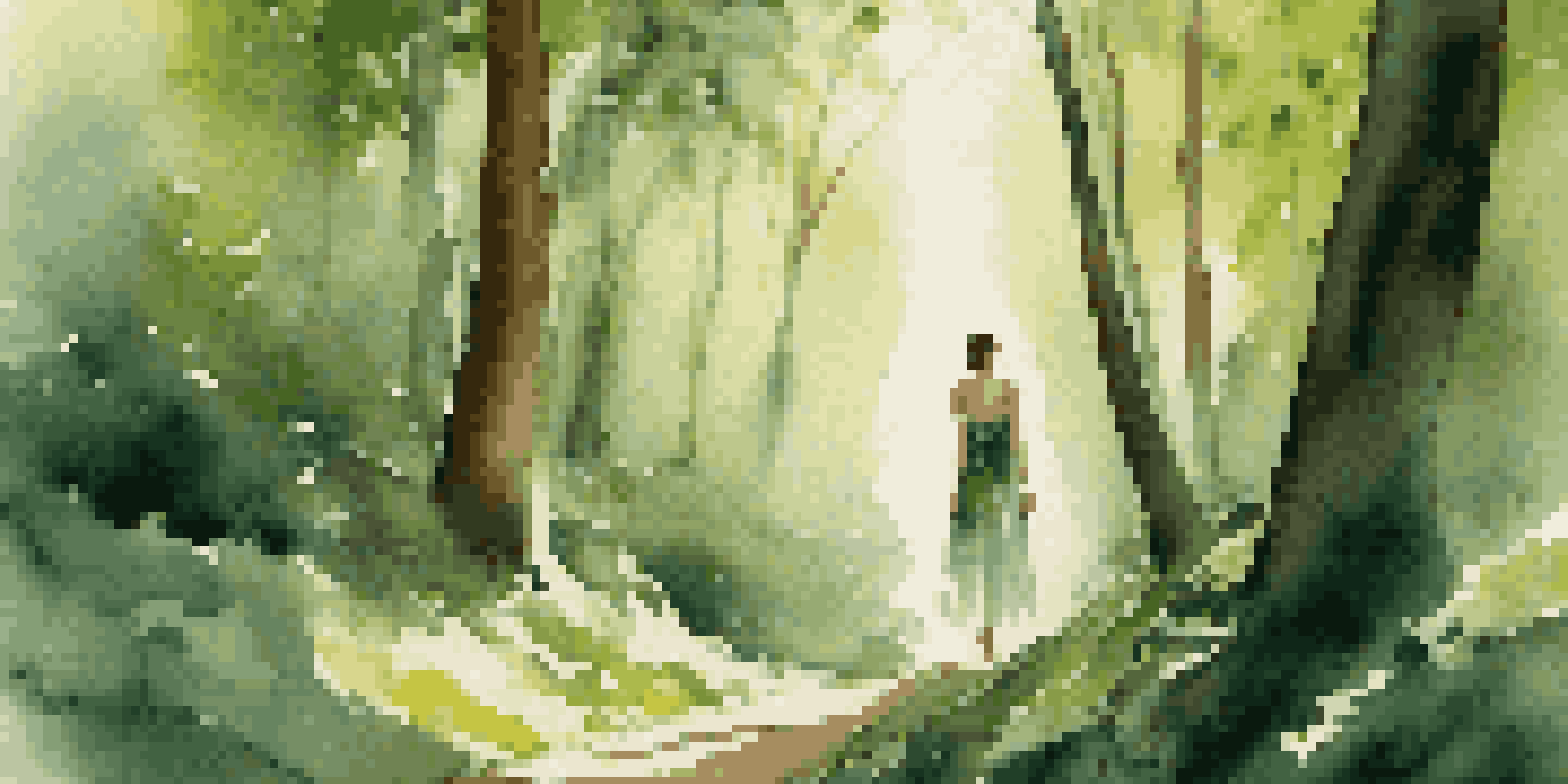 A model in an elegant dress made from eco-friendly fabrics stands in a lush green forest, with sunlight filtering through the leaves.