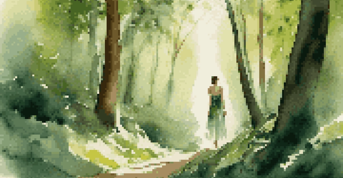 A model in an elegant dress made from eco-friendly fabrics stands in a lush green forest, with sunlight filtering through the leaves.