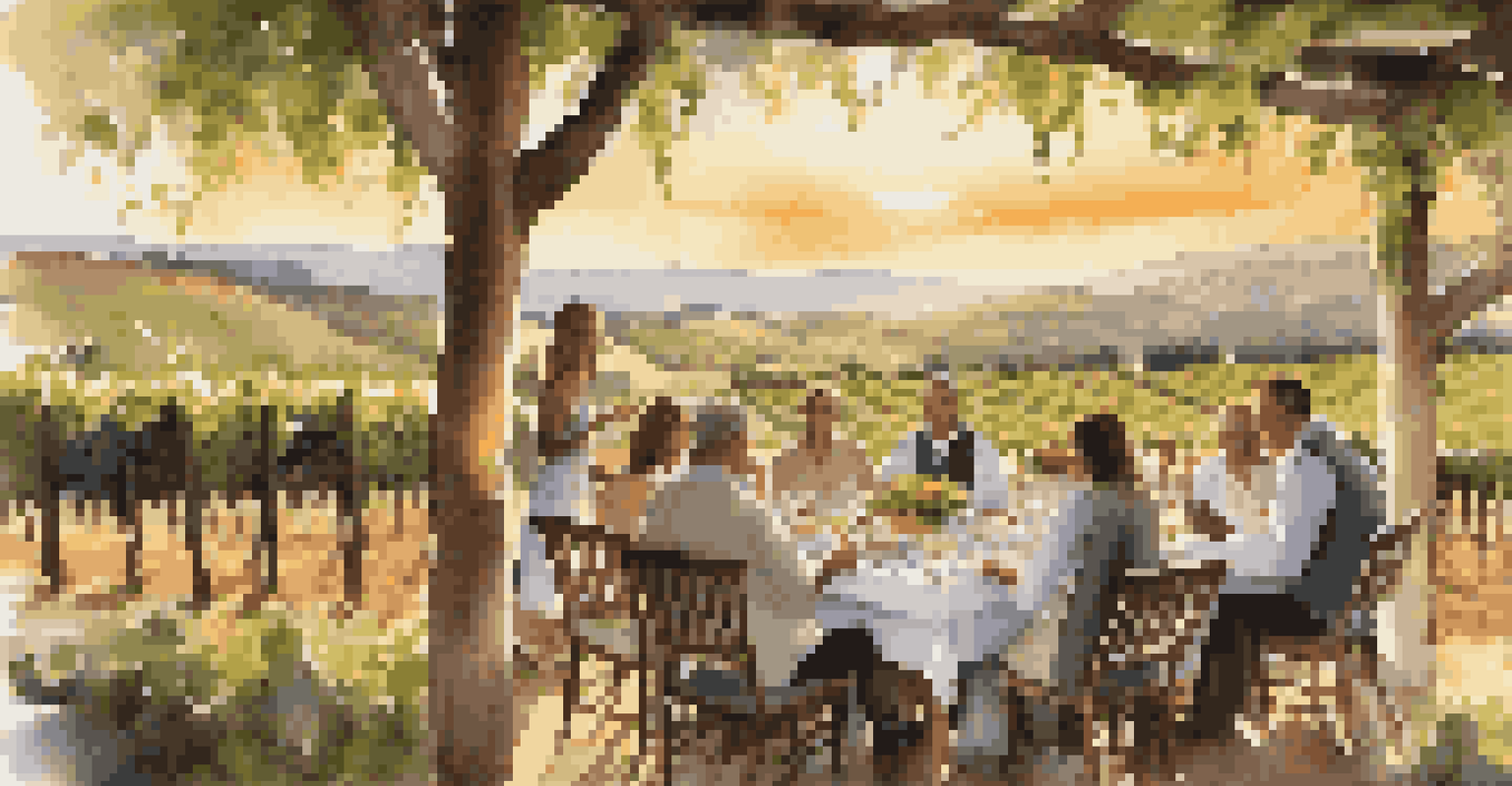 An outdoor dining setup in a vineyard with gourmet food and wine during sunset.