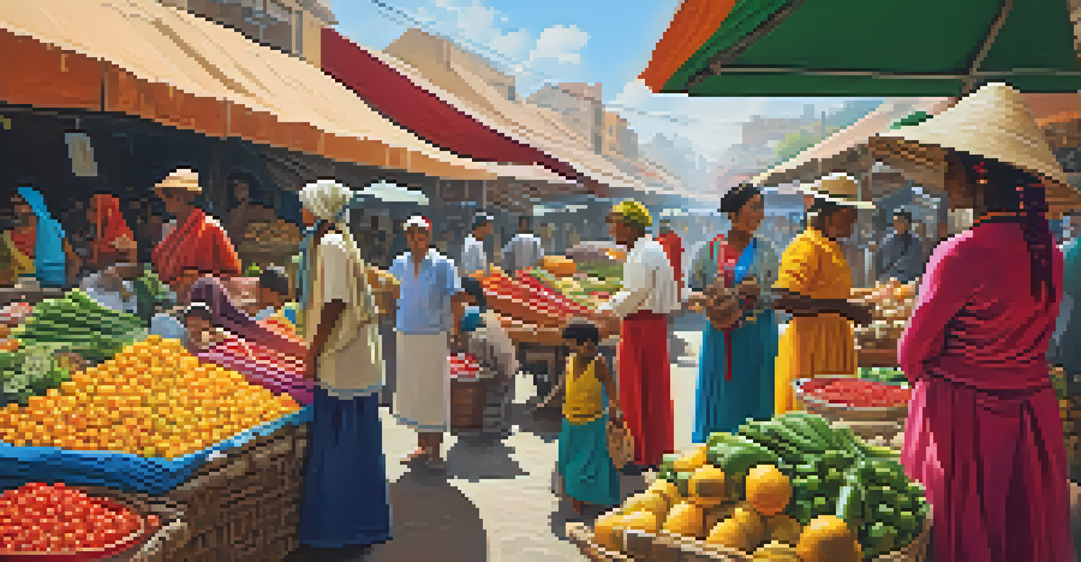 A traveler interacting with locals in a colorful market, showcasing culturally appropriate attire and vibrant surroundings.