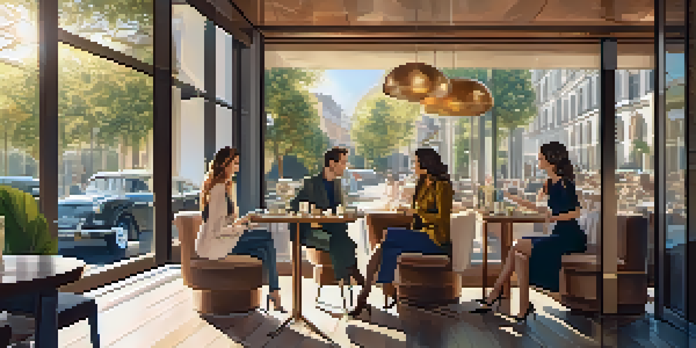 An influencer in a stylish café showing off a luxury handbag, with warm sunlight and modern decor.