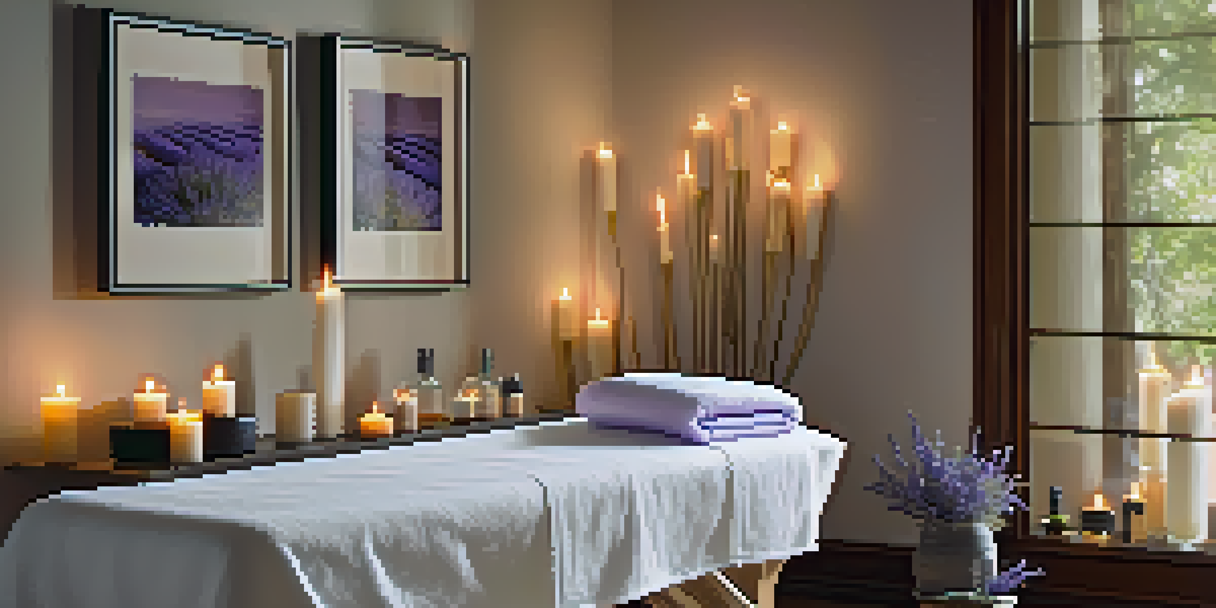 A peaceful spa room with a massage table, candles, essential oils, and lavender, designed for relaxation.