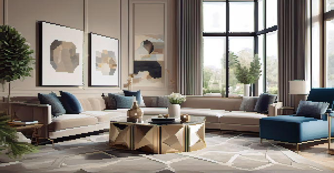 A modern living room with a geometric hexagonal coffee table, plush sofas, and warm natural light.