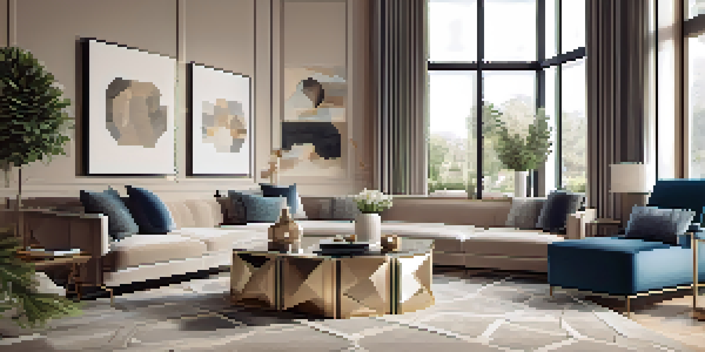 A modern living room with a geometric hexagonal coffee table, plush sofas, and warm natural light.