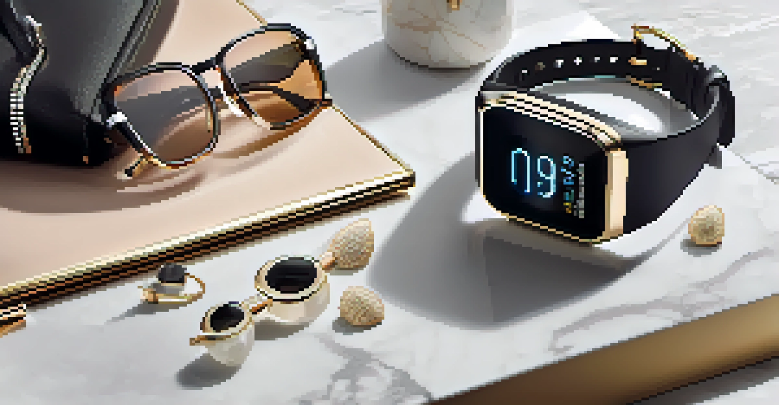 A stylish wearable fitness tracker on a marble countertop with designer accessories, showcasing health metrics.