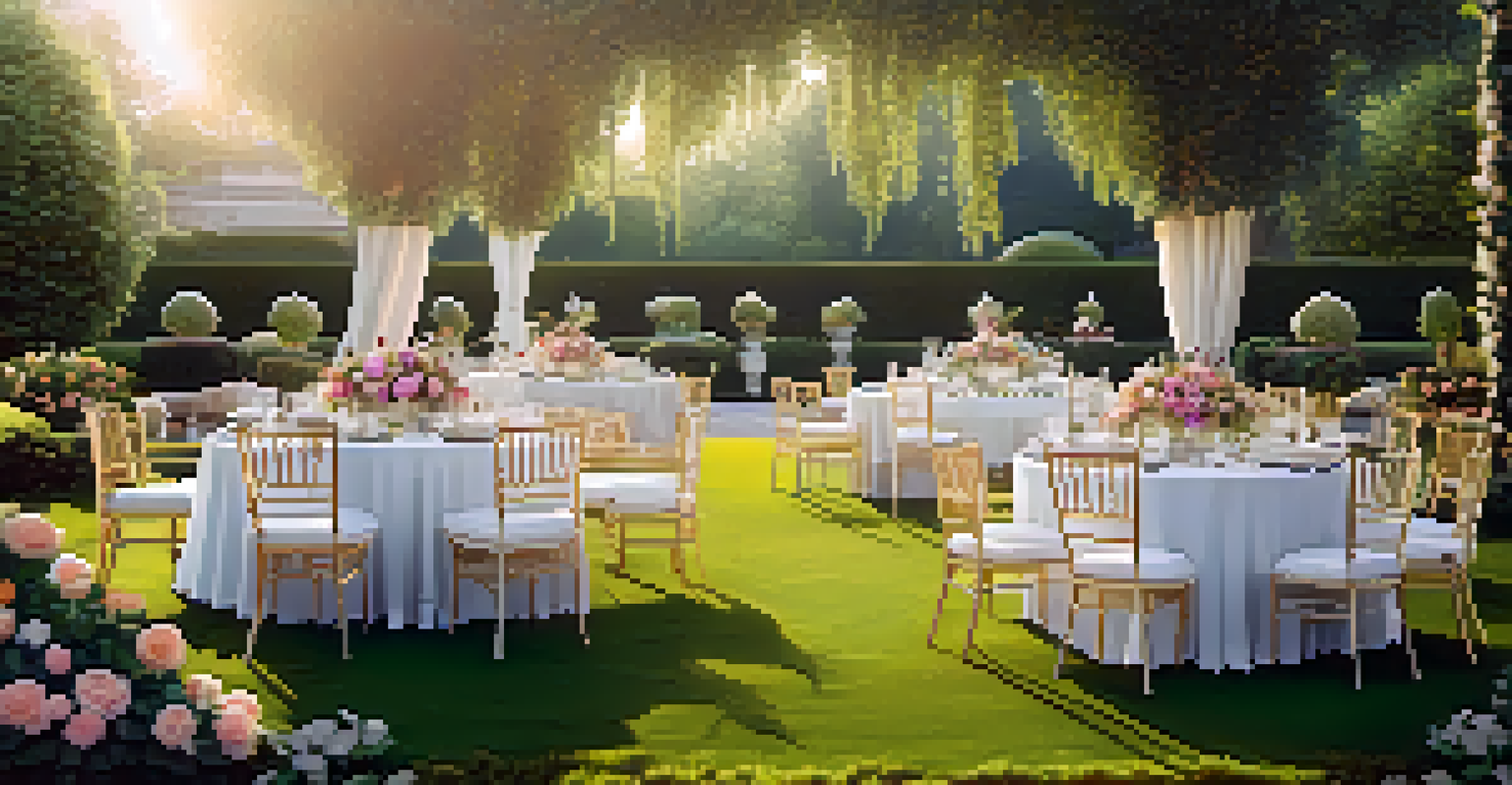 An outdoor luxury event setup for a podcast, featuring a beautifully arranged table in a garden.