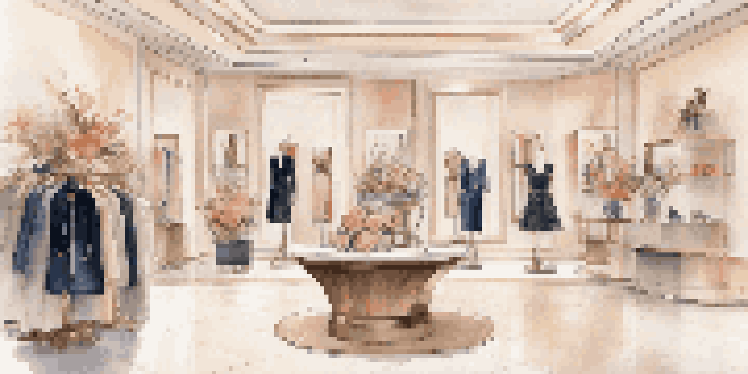 An elegant boutique interior filled with luxury fashion items, including handbags and clothing, highlighted by soft lighting and rich decor.