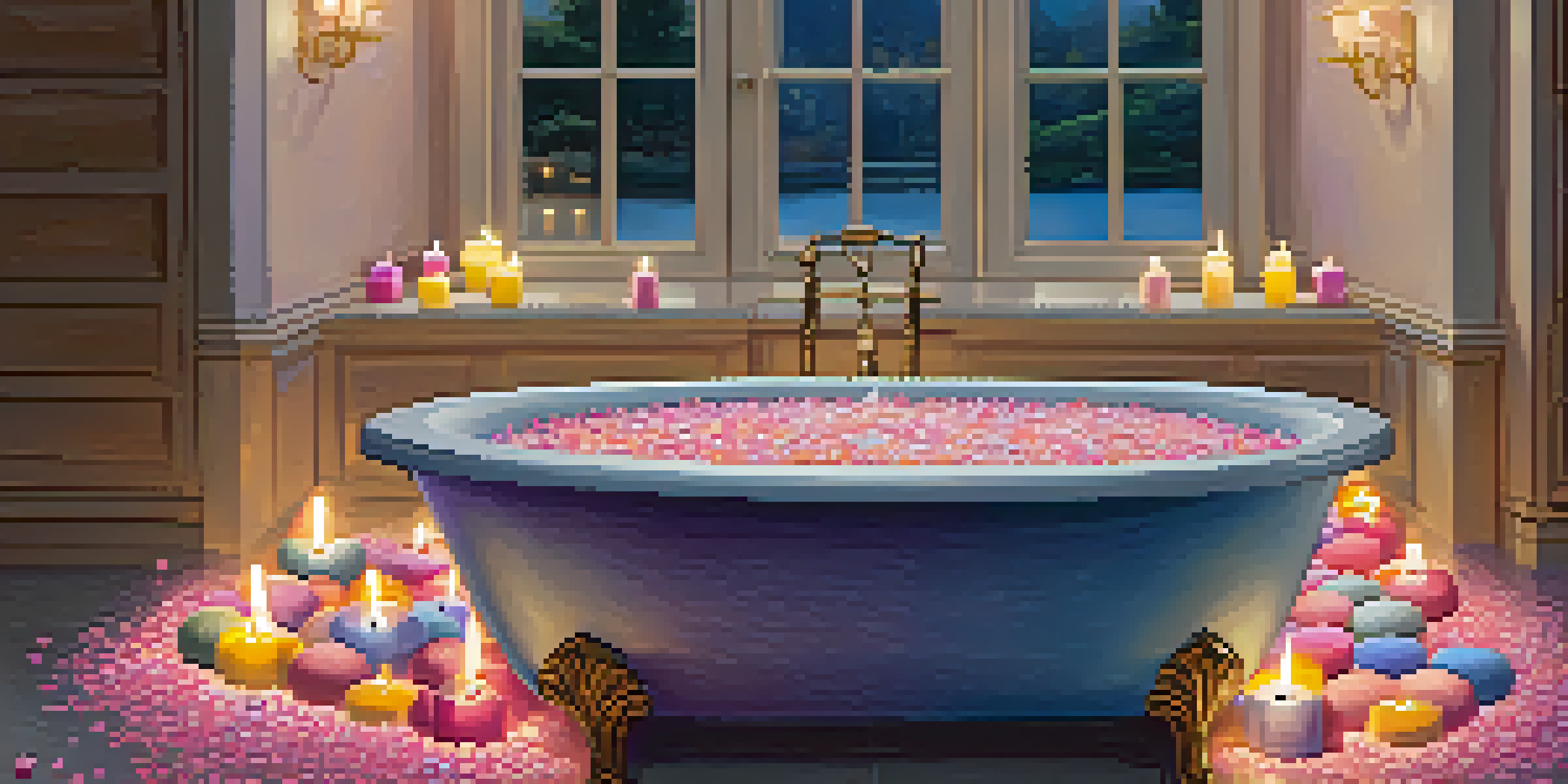 A calming bathroom setting with a wooden bathtub filled with colorful bath bombs and floating flower petals, illuminated by soft candlelight.