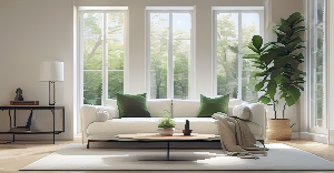 A minimalist living room with a white sofa, a glass coffee table, and large windows letting in natural light, decorated with abstract art.
