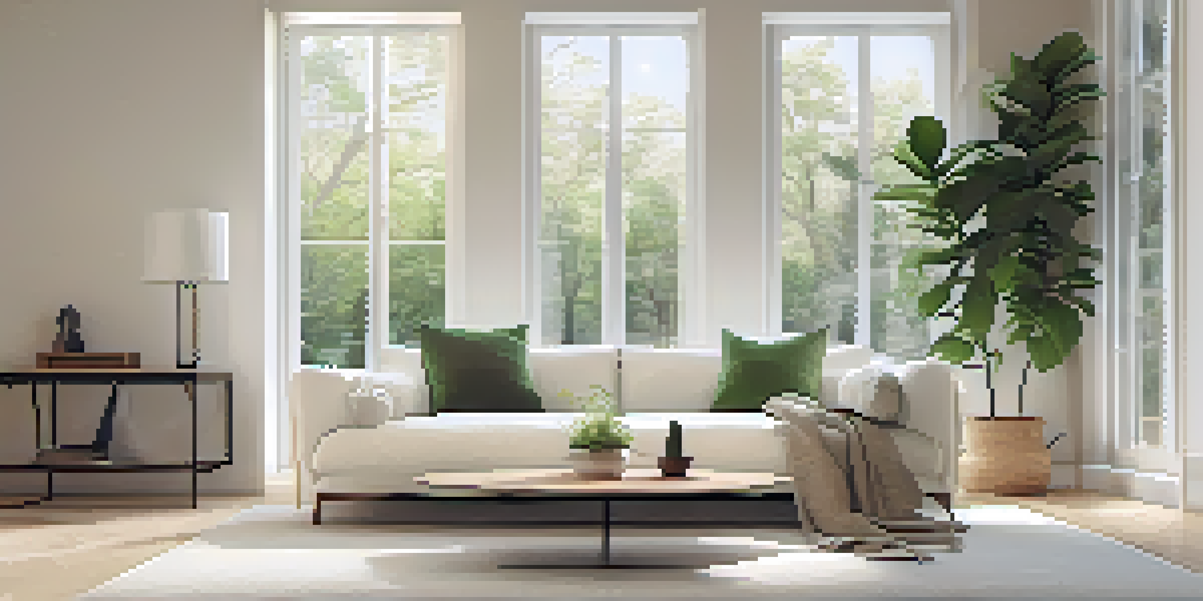 A minimalist living room with a white sofa, a glass coffee table, and large windows letting in natural light, decorated with abstract art.