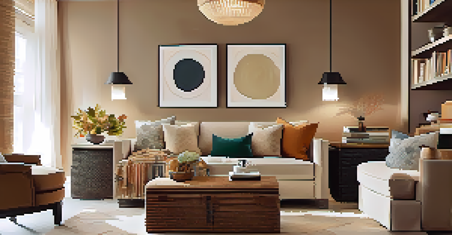 A cozy living room featuring decorative storage like a woven basket for throws, elegant trays, and chic boxes, with warm colors and inviting lighting.