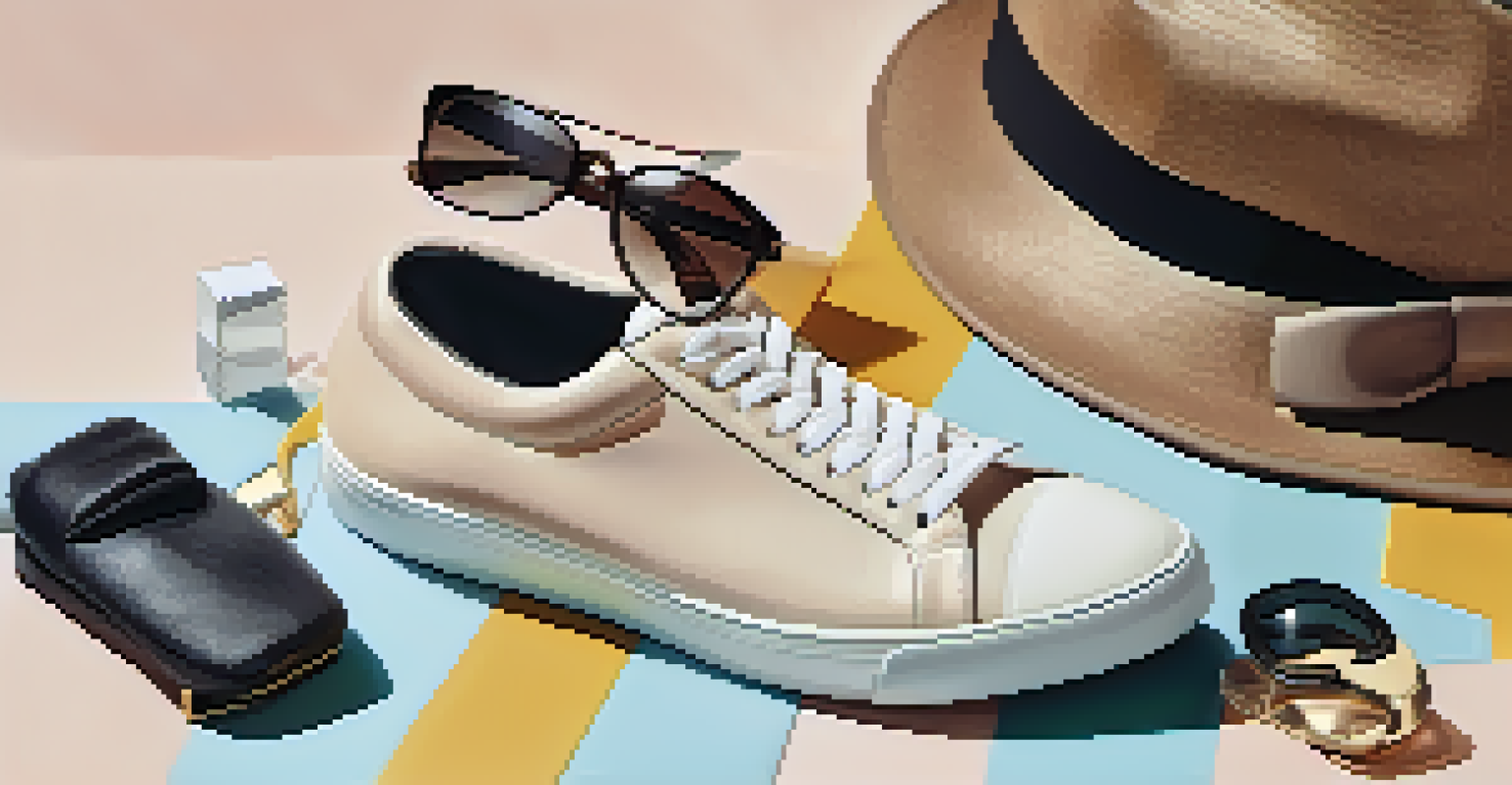 Flat lay of a limited edition luxury sneaker, designer bag, sunglasses, and hat on a textured surface with soft pastels and natural lighting.