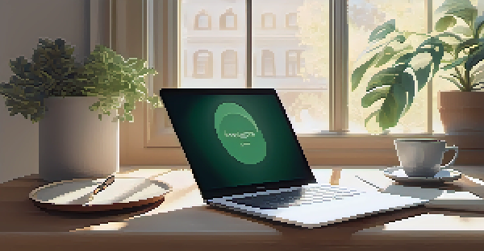 A clean and bright workspace with a laptop, notebook, and coffee cup, illuminated by natural light.