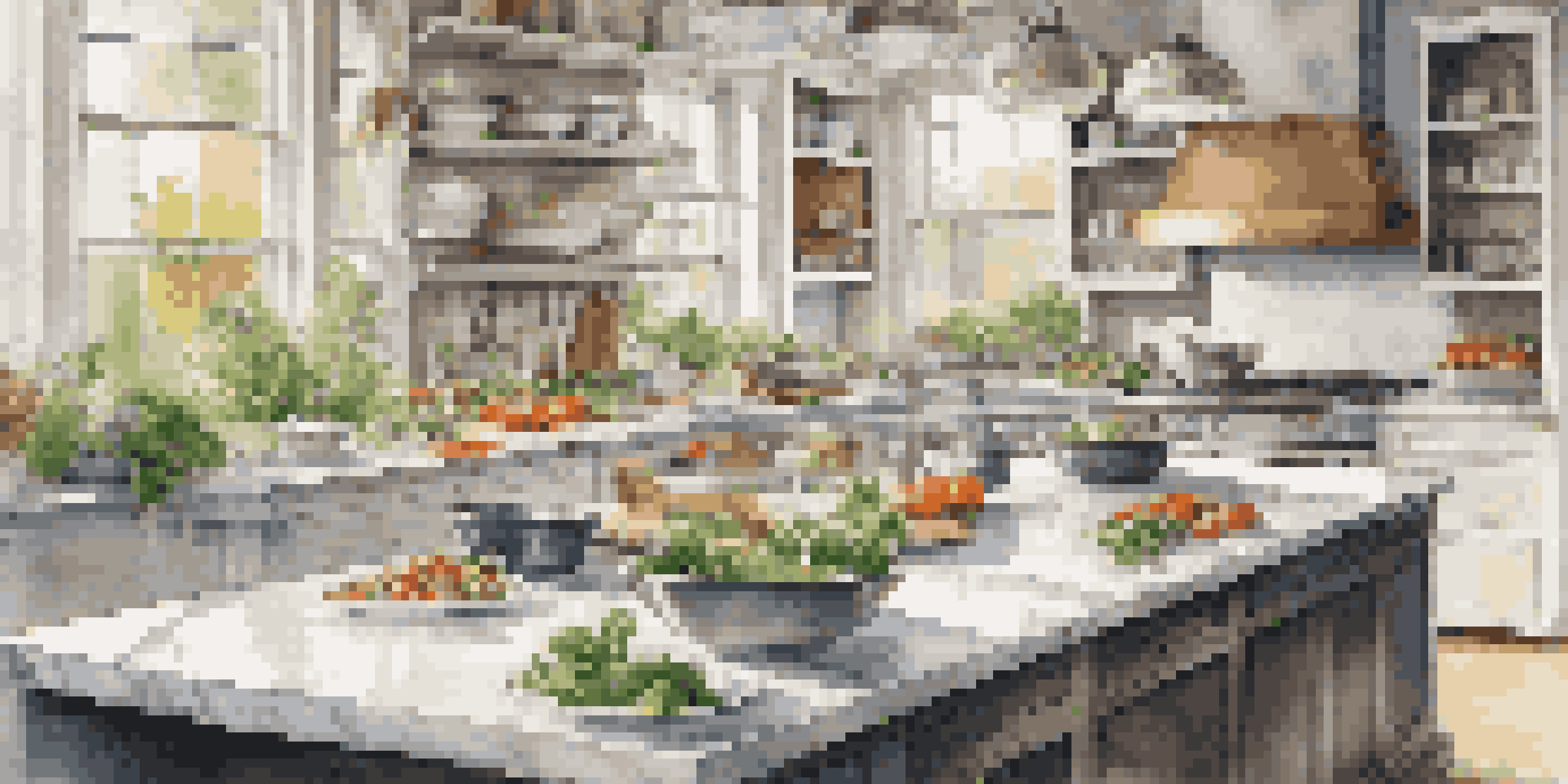 A luxurious kitchen with a marble countertop, an expert chef demonstrating gourmet plating, and fresh vegetables beautifully arranged.