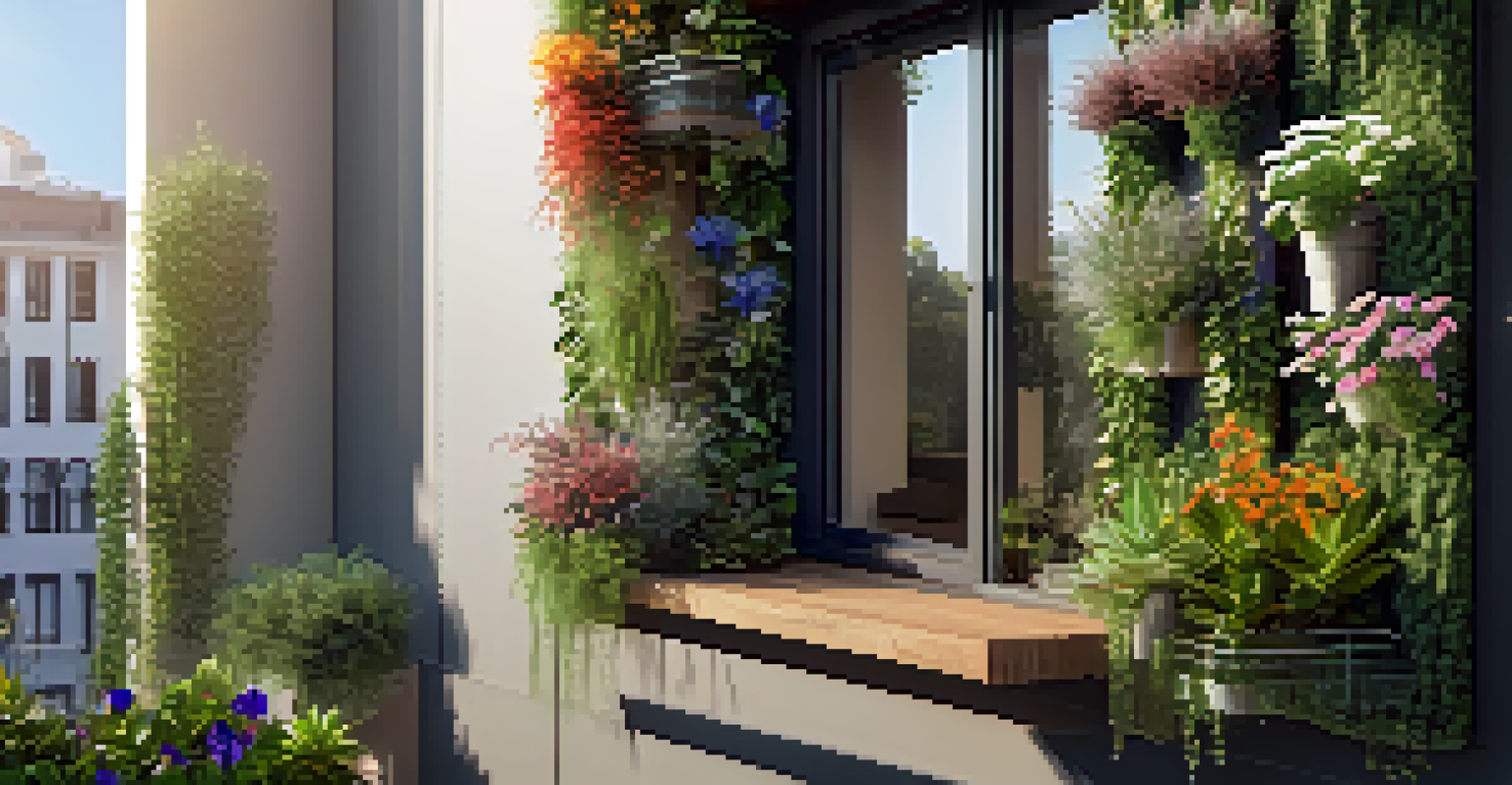 A modern vertical garden on a balcony with herbs and colorful flowers, illuminated by warm sunlight.
