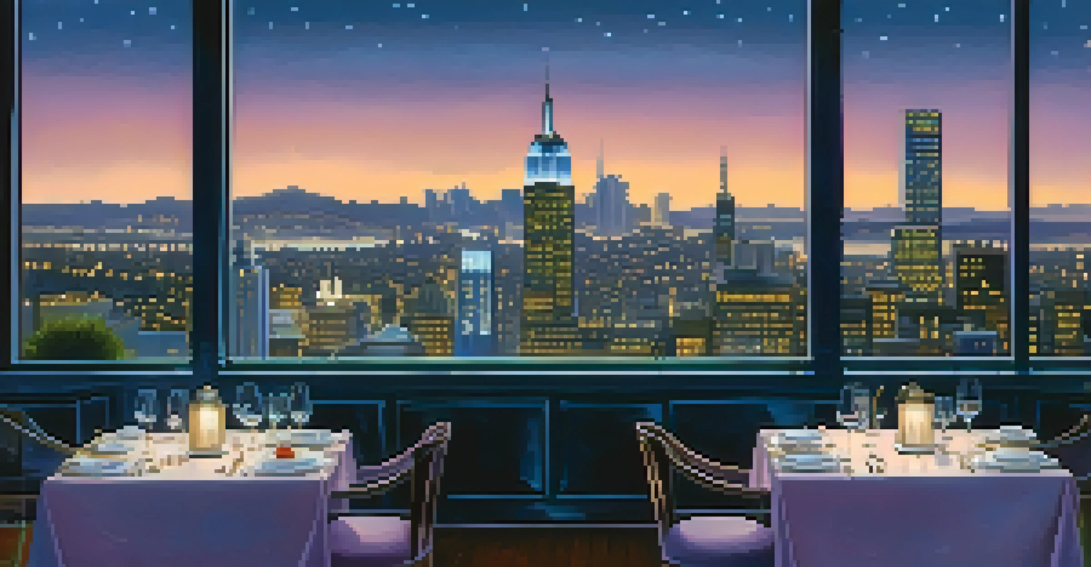 A couple enjoying a romantic dinner at a rooftop restaurant with a city skyline at dusk.
