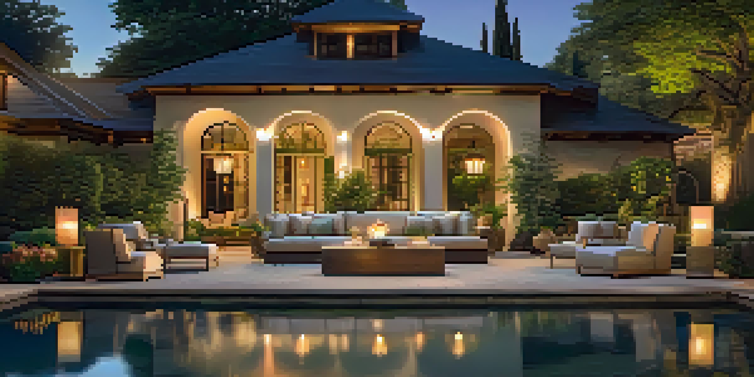 A beautiful outdoor lounge area with plush seating, surrounded by greenery and illuminated by warm lighting, featuring a serene water feature in the background.