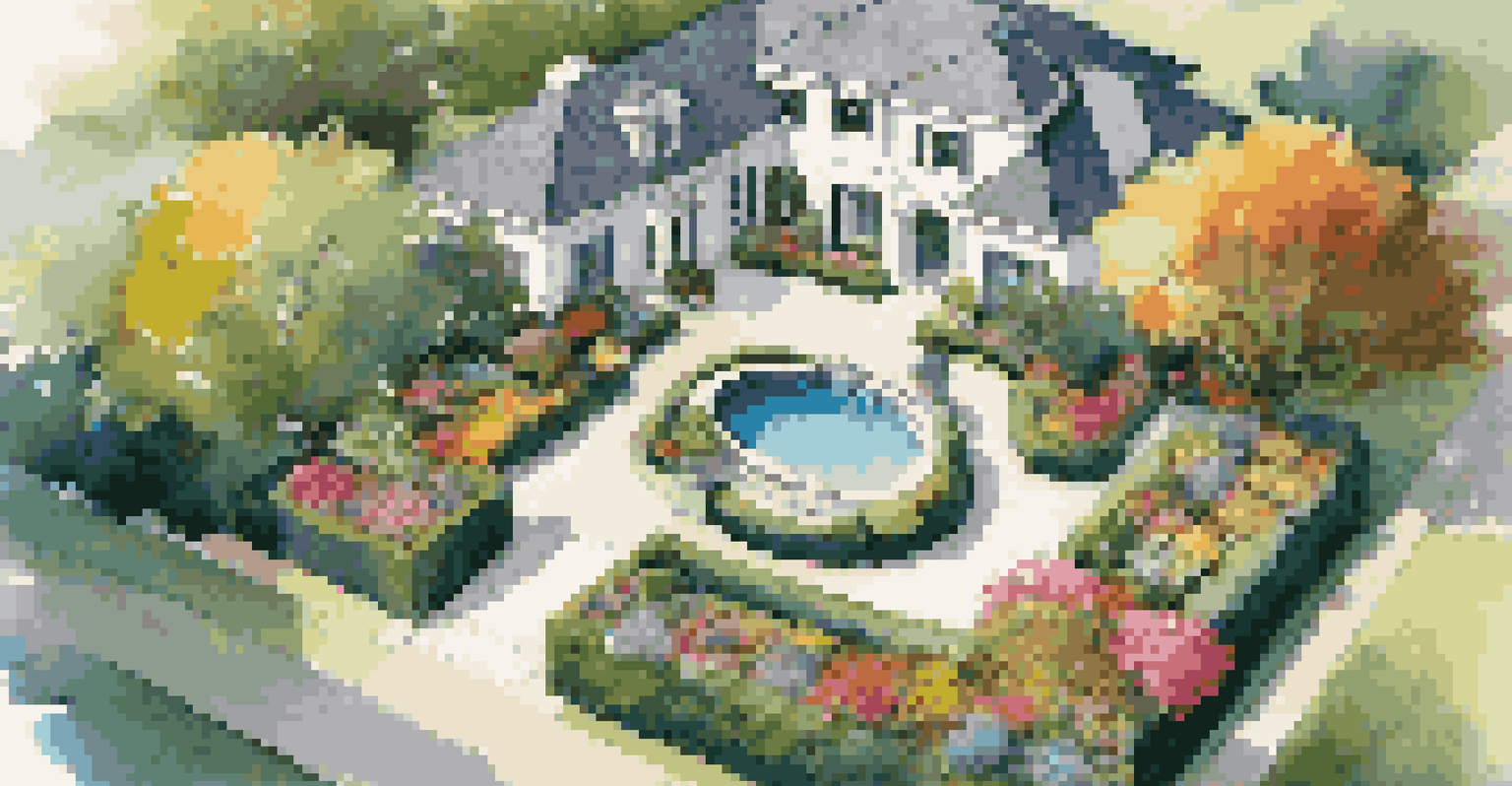 An aerial view of a luxury garden with colorful flowers, manicured lawns, and a paved pathway leading to a home, captured in bright daylight.