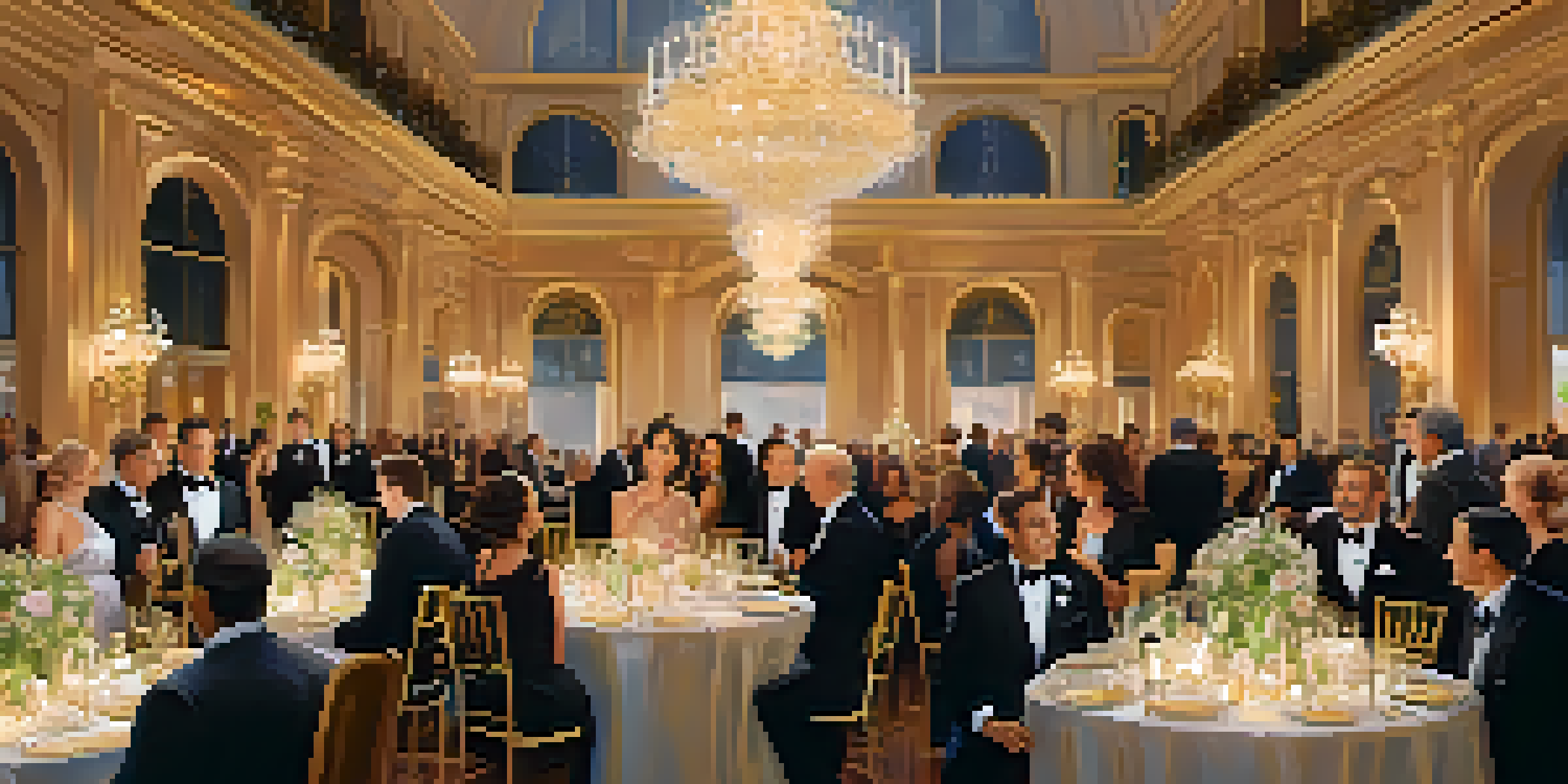 A sophisticated charity gala with elegantly dressed guests engaging in conversation amidst floral arrangements and chandeliers.