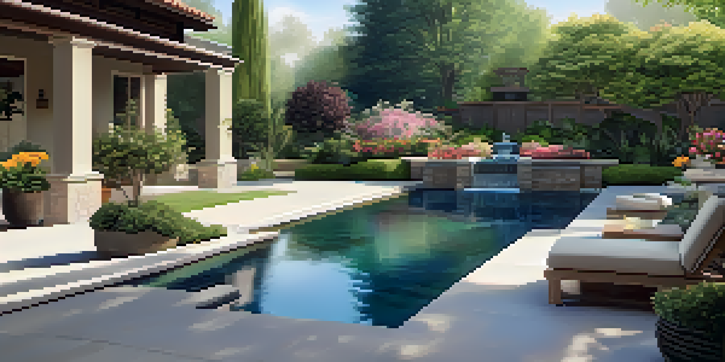 A tranquil garden with vibrant flowers and a water feature, illuminated by soft afternoon sunlight.