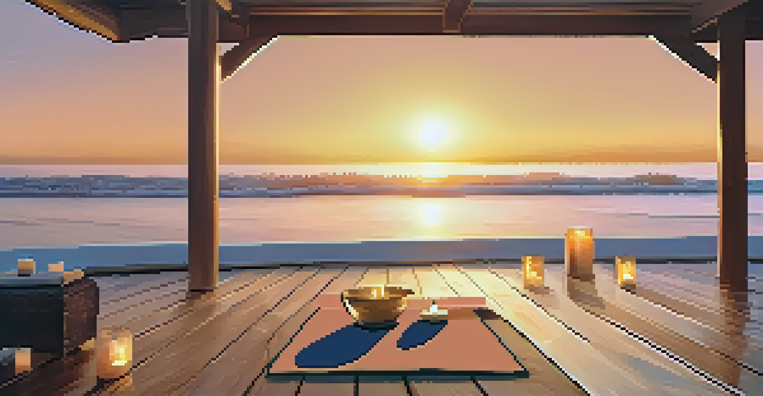 An elegant yoga mat on a wooden deck by the beach at sunset, creating a peaceful wellness retreat atmosphere.