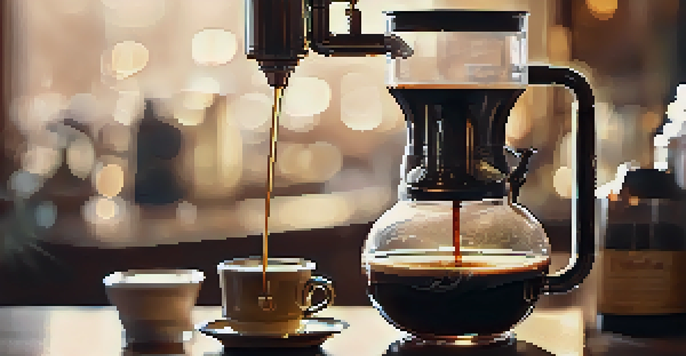 A detailed view of a siphon coffee brewer with bubbling water and coffee grounds, illuminated by warm light, showcasing the elegance of the brewing process.