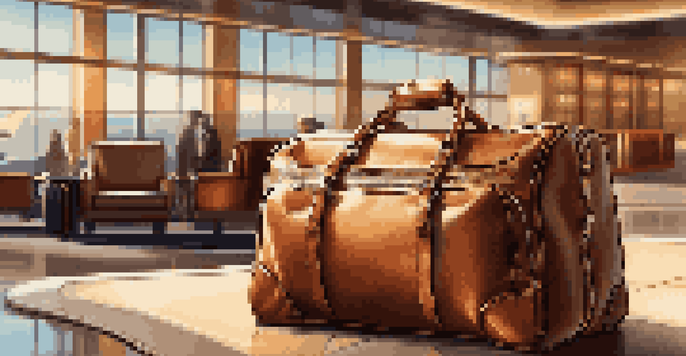 A luxurious leather travel bag in an upscale airport lounge, showcasing its elegant design and travel essentials inside.