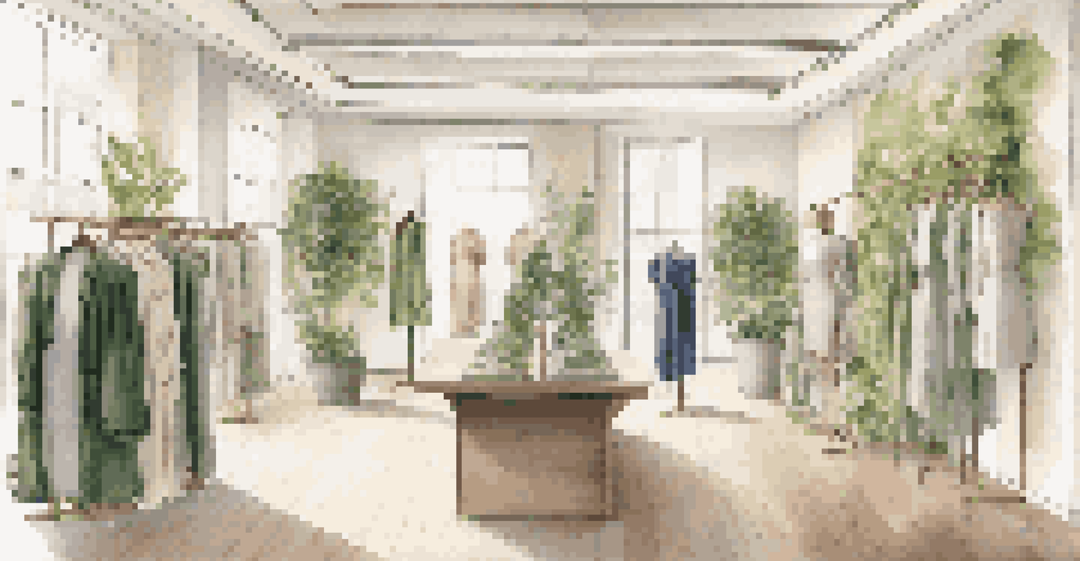 Interior of an eco-friendly fashion boutique with sustainable garments displayed on mannequins and greenery on the walls.