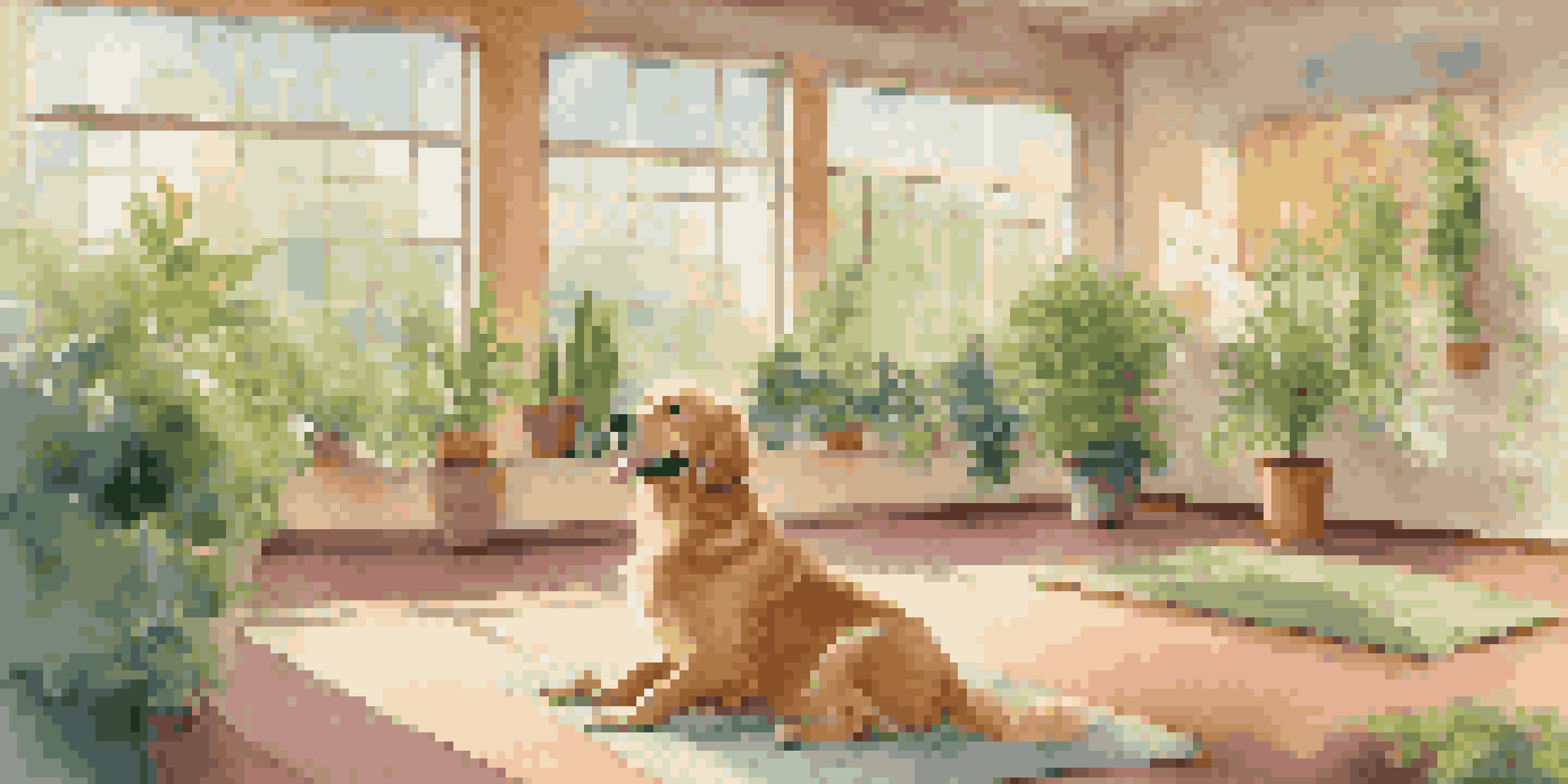 A luxurious pet boarding facility with spacious suites, a golden retriever on a cozy bed, and a staff member interacting with another dog.