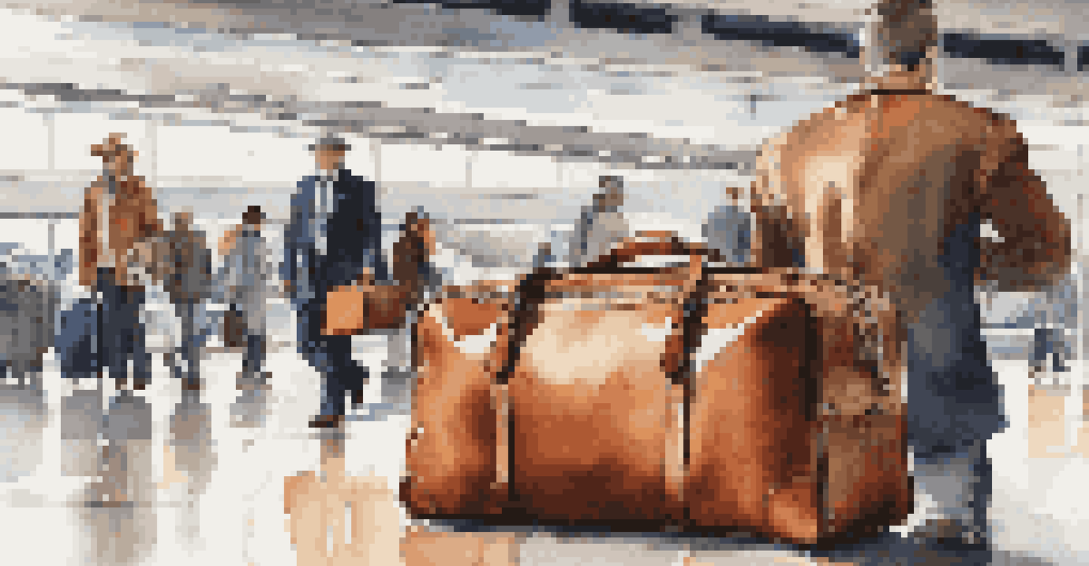 A high-quality leather travel bag on an airport floor, displaying neatly packed items, with travelers in the background enhancing the lively airport scene.