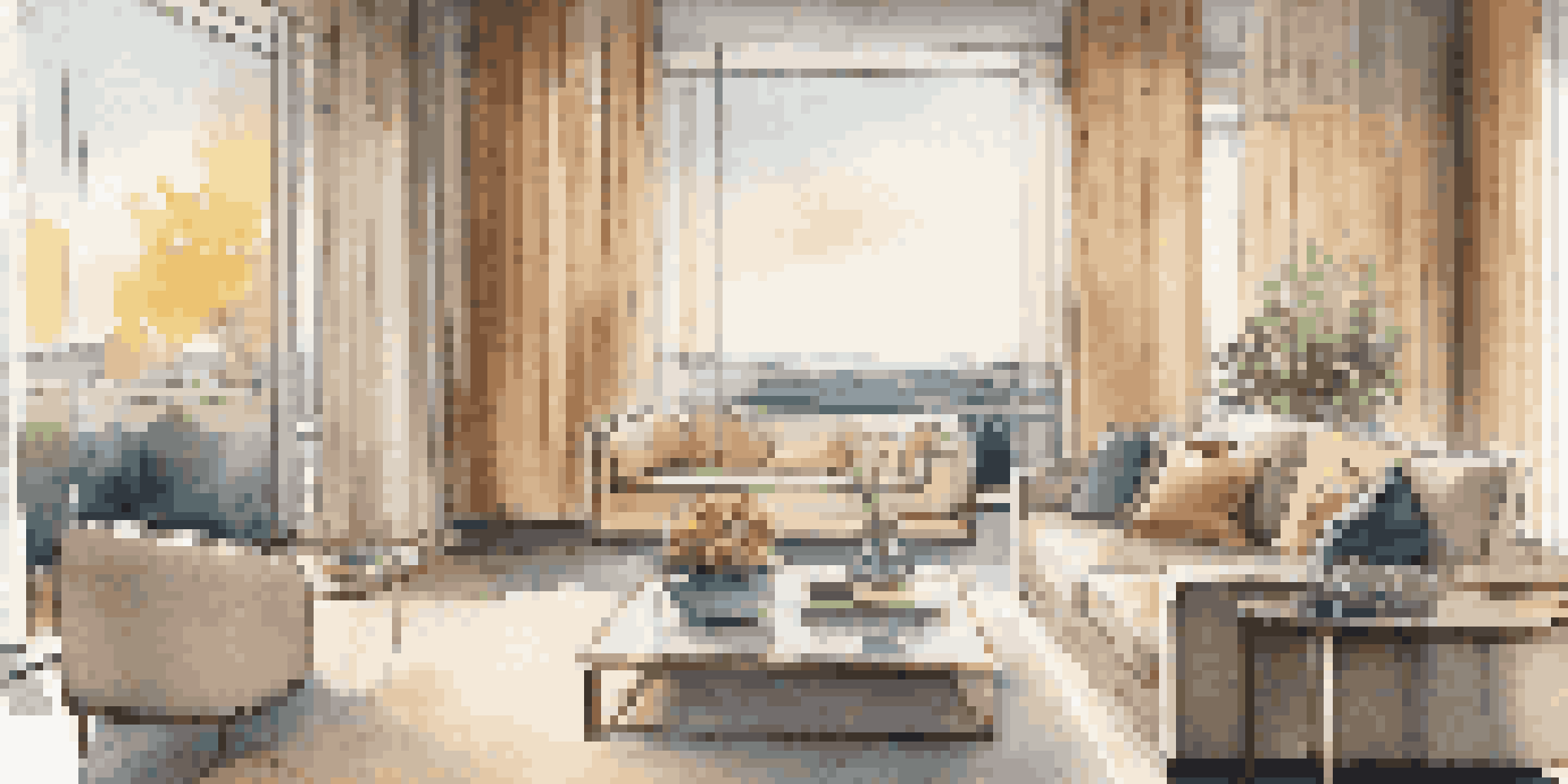 A stylish living room with automated privacy curtains closed, showcasing elegant furniture and ambient lighting.