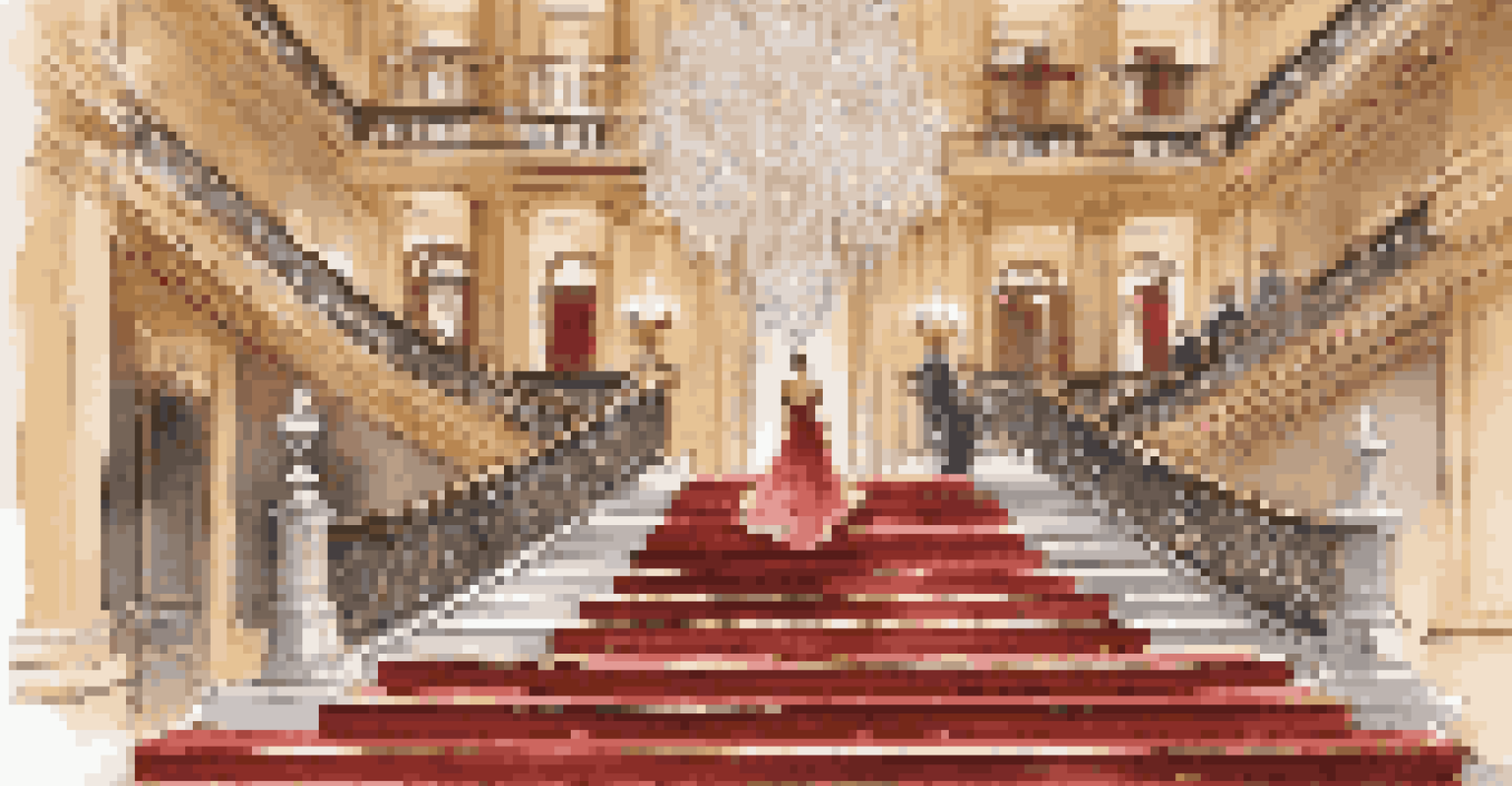 An elegant woman in an evening gown walking up a grand staircase with chandeliers and red carpets, illuminated by soft lighting.