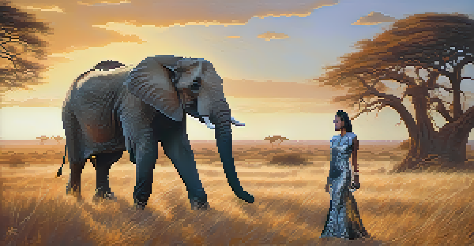 A famous person posing next to an elephant in a sunny savannah, promoting wildlife conservation through fashion.