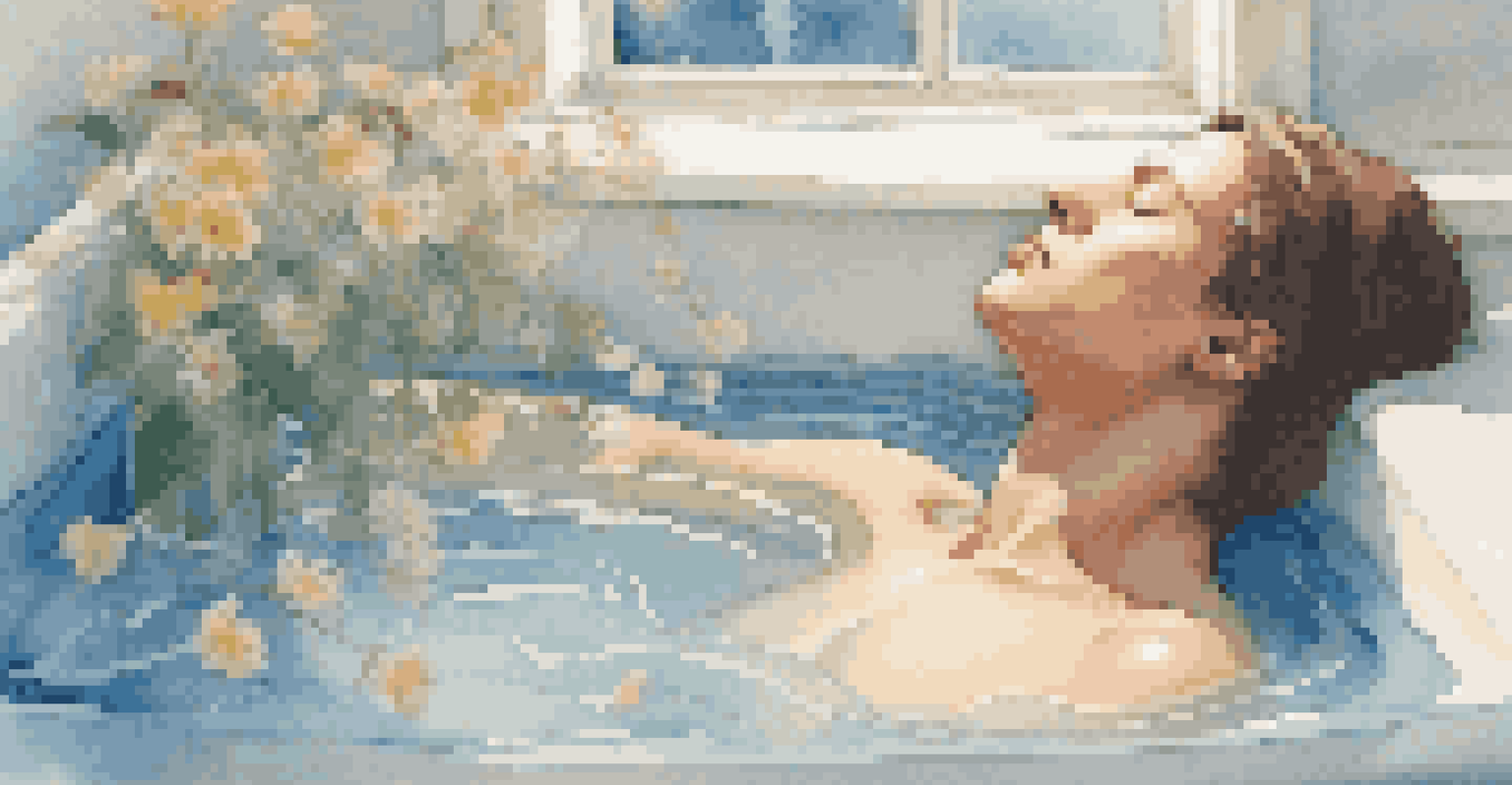 A person in a bathtub with eyes closed, surrounded by flowers and a journal, embodying relaxation and mindfulness.