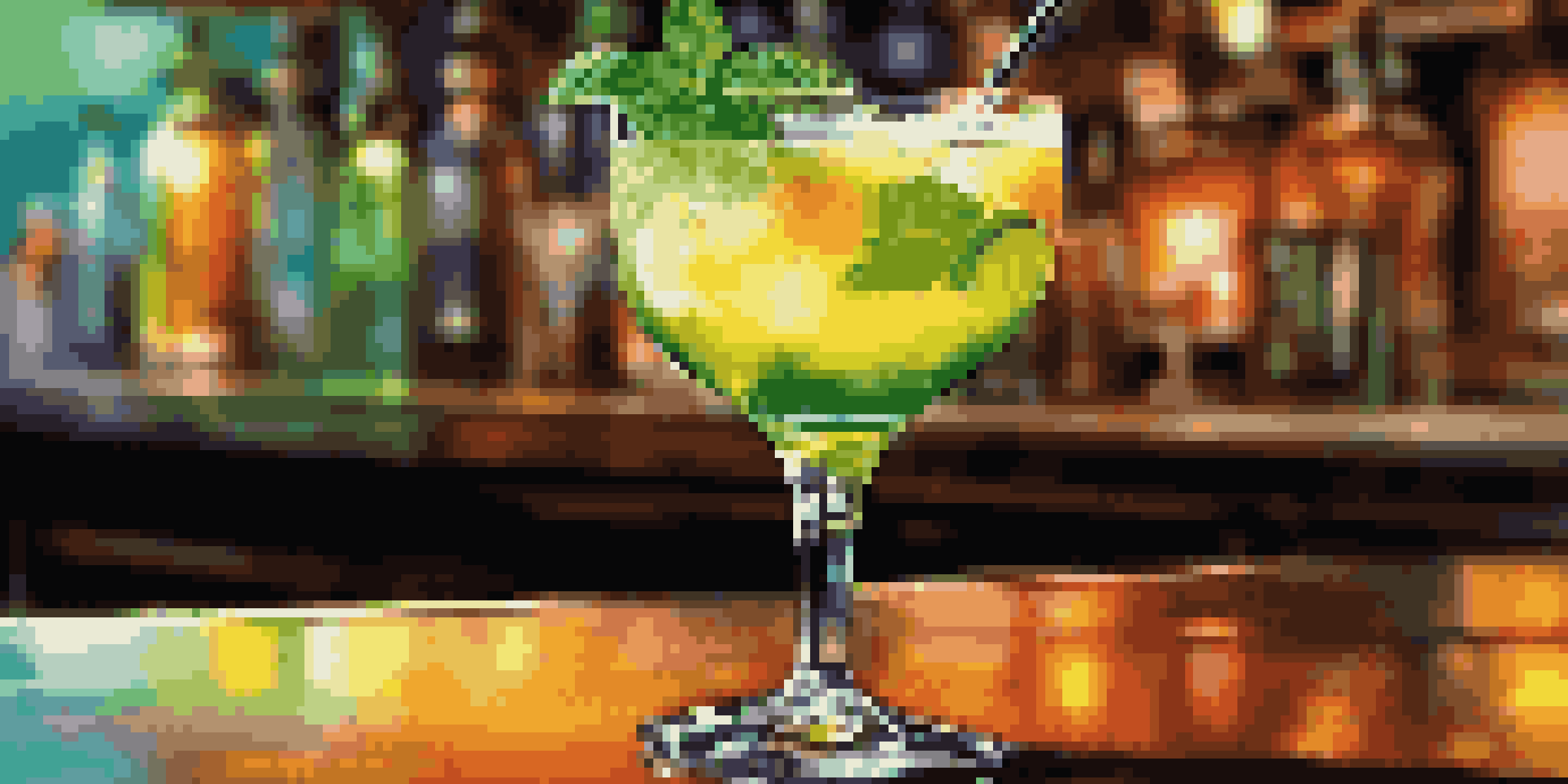 A signature cocktail in an elegant glass with mint and lime garnish, set in a softly lit bar.