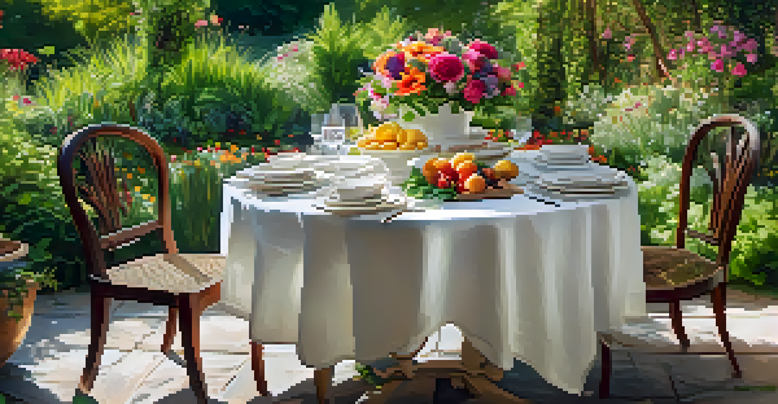 A beautifully set outdoor dining table with gourmet dishes and flowers, surrounded by a lush garden.