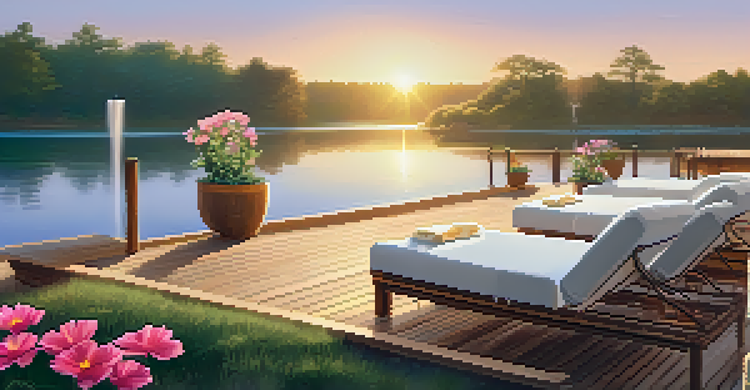 A beautiful outdoor spa area with a deck by a lake, featuring lounge chairs and a water fountain under a sunset sky.