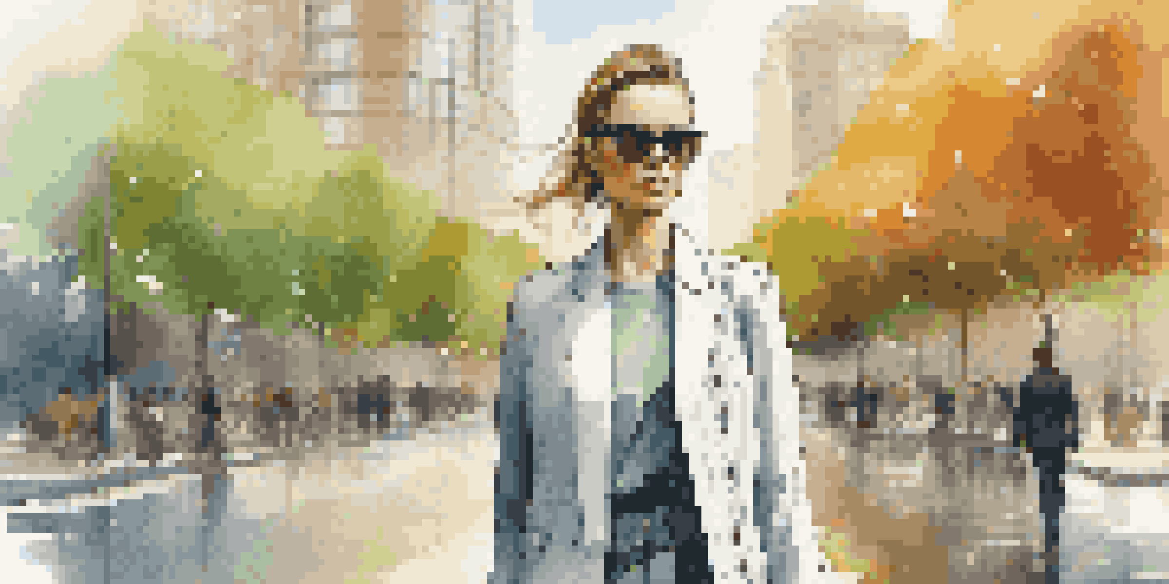 A fashionable woman in a smart jacket made of sustainable fabric, displaying health metrics, in an urban park with greenery and buildings.
