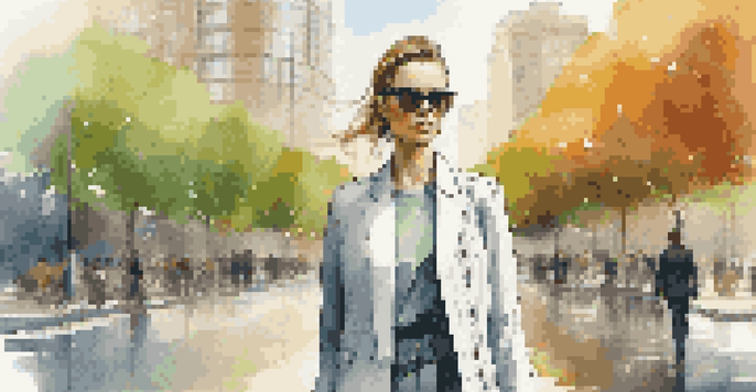 A fashionable woman in a smart jacket made of sustainable fabric, displaying health metrics, in an urban park with greenery and buildings.