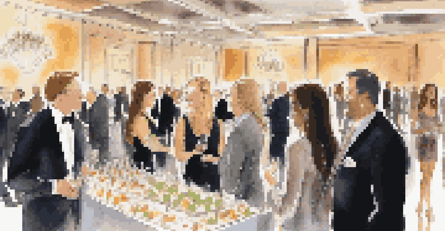 Guests at a luxury awards event networking with drinks and appetizers, set in an elegant environment.