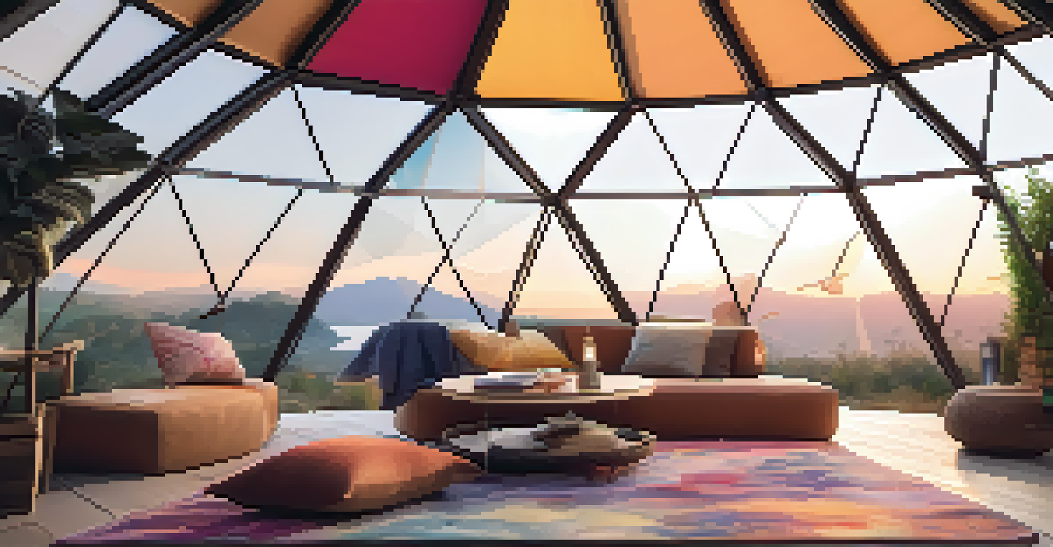 The interior of a geodesic dome tent featuring plush rugs, comfortable seating, and soft lighting, highlighted by views of nature.