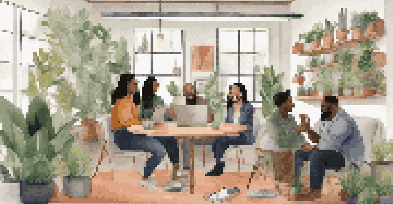 A diverse group of people engaged in a podcast discussion in a room filled with eco-friendly decor and modern technology.