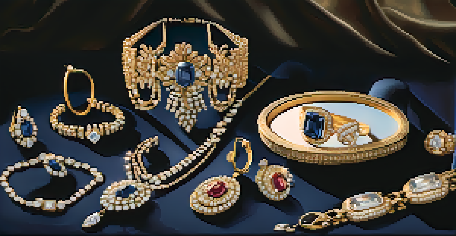 A display of luxury jewelry, including a diamond necklace and sapphire earrings, illuminated by soft natural light.