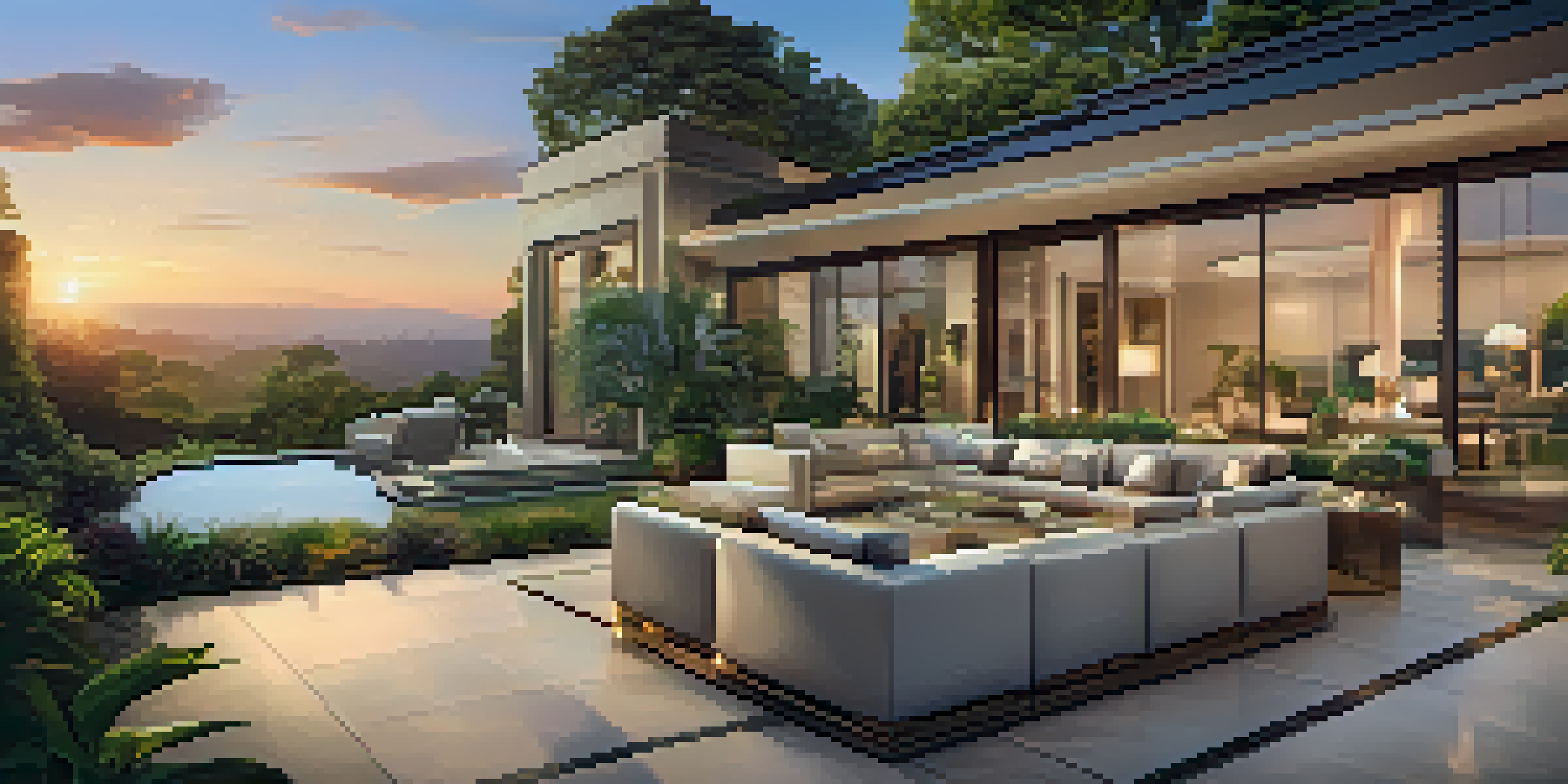 A luxurious real estate auction with a modern home, high-end buyers in elegant attire, and an auctioneer, all under a vibrant sunset sky.