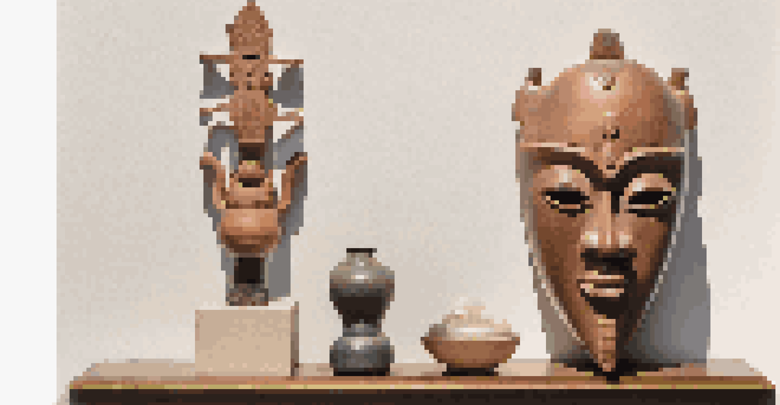 A minimalist shelf displaying a traditional mask, a contemporary sculpture, and a colorful vase, with soft natural lighting.